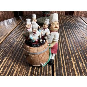Vintage Fat Chef Cheese Spreader Set with Wine Barrel Holder 5 Piece Set